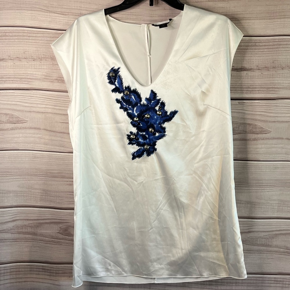 St. John White Shell Top with Navy Blue Floral Beadwork